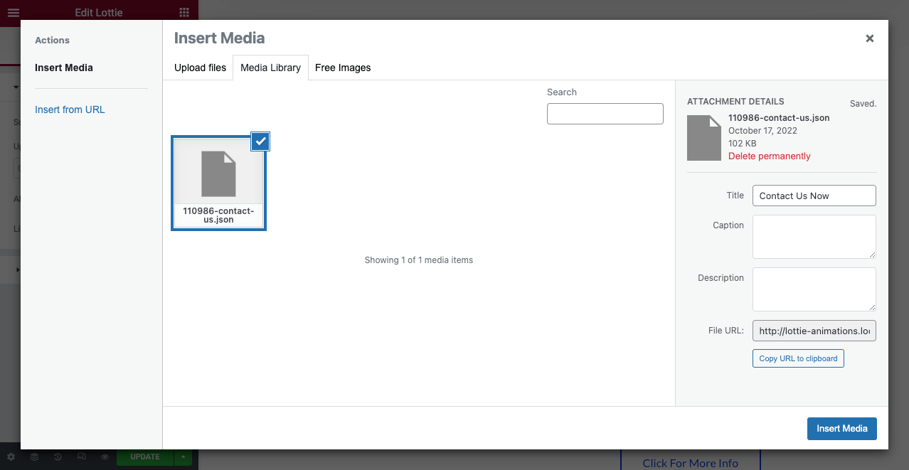 Elementor に Lottie アニメーションを追加する方法 (3 つの簡単な方法) 15 Insert the Lottie Animation file into your Elementor site through the Media File