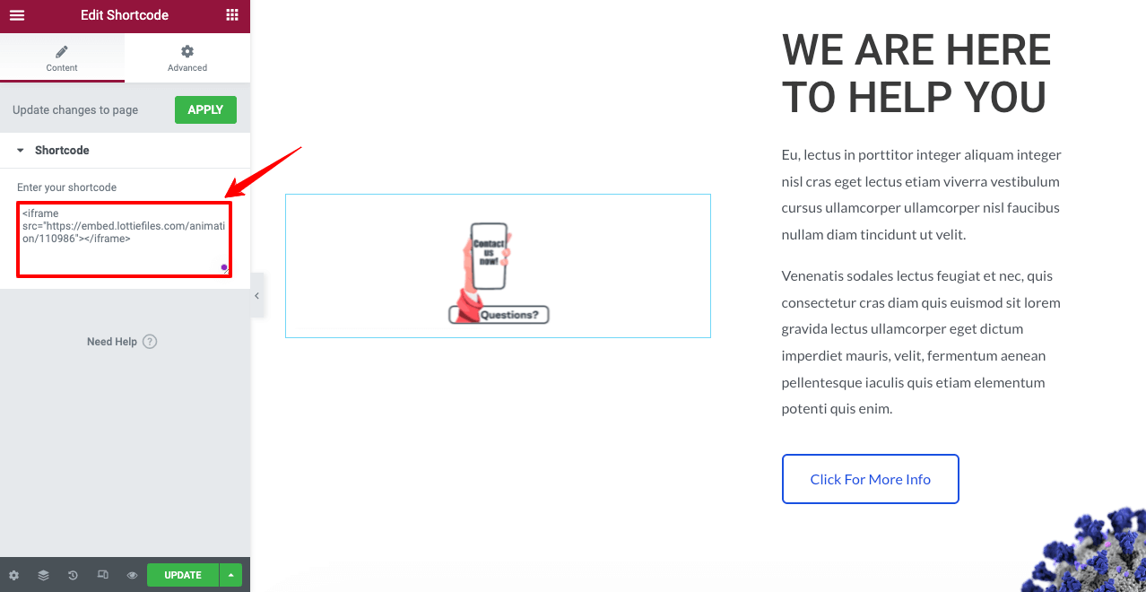 Elementor に Lottie アニメーションを追加する方法 (3 つの簡単な方法) 6 Paste the iFrame Code to the Shortcode box on Elementor Panel