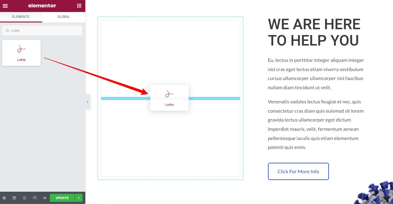 Elementor に Lottie アニメーションを追加する方法 (3 つの簡単な方法) 7 Drag and Drop the Lottie Widget