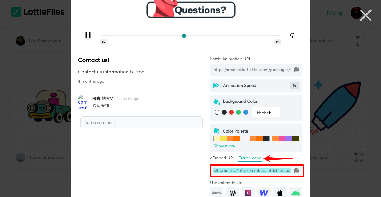 Copy Lottie Animation iFrame Code