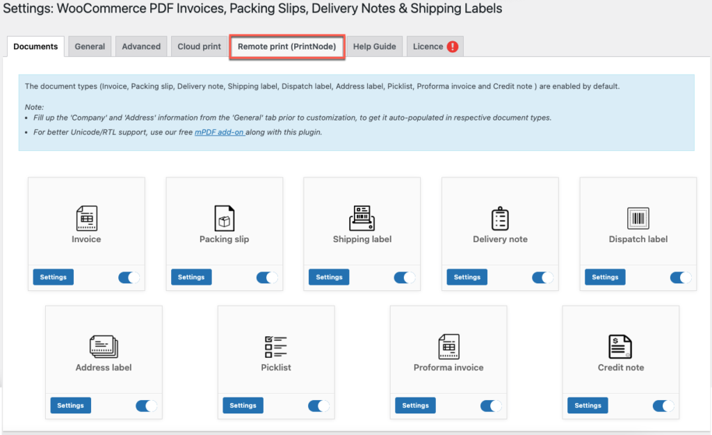 علامة تبويب الوظيفة الإضافية للطباعة عن بُعد في فواتير WooCommerce PDF وإيصالات التعبئة