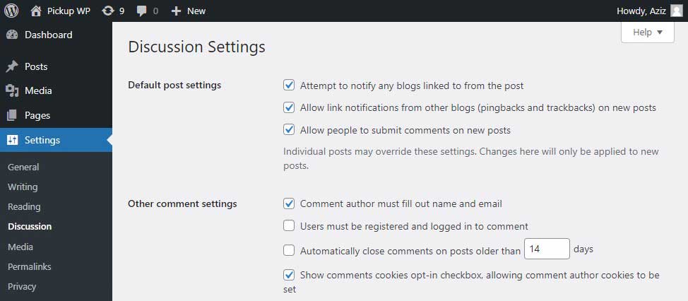 إعدادات مناقشة WordPress