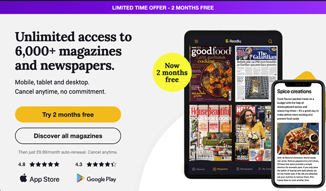 Readly-Beispiel für eine Landingpage in sozialen Medien