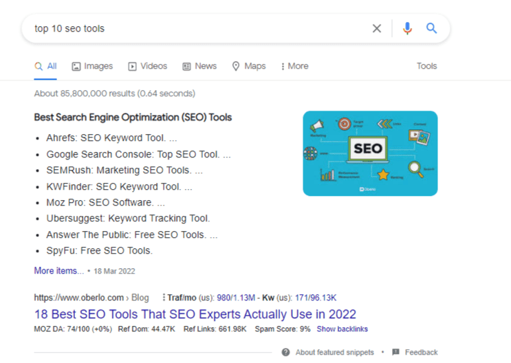 Google SERP 上的精选片段。