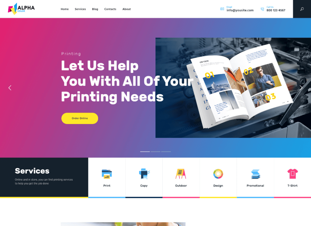 ألفا كولور | اكتب وكالة التصميم وخدمات الطباعة ثلاثية الأبعاد WordPress Theme + Elementor