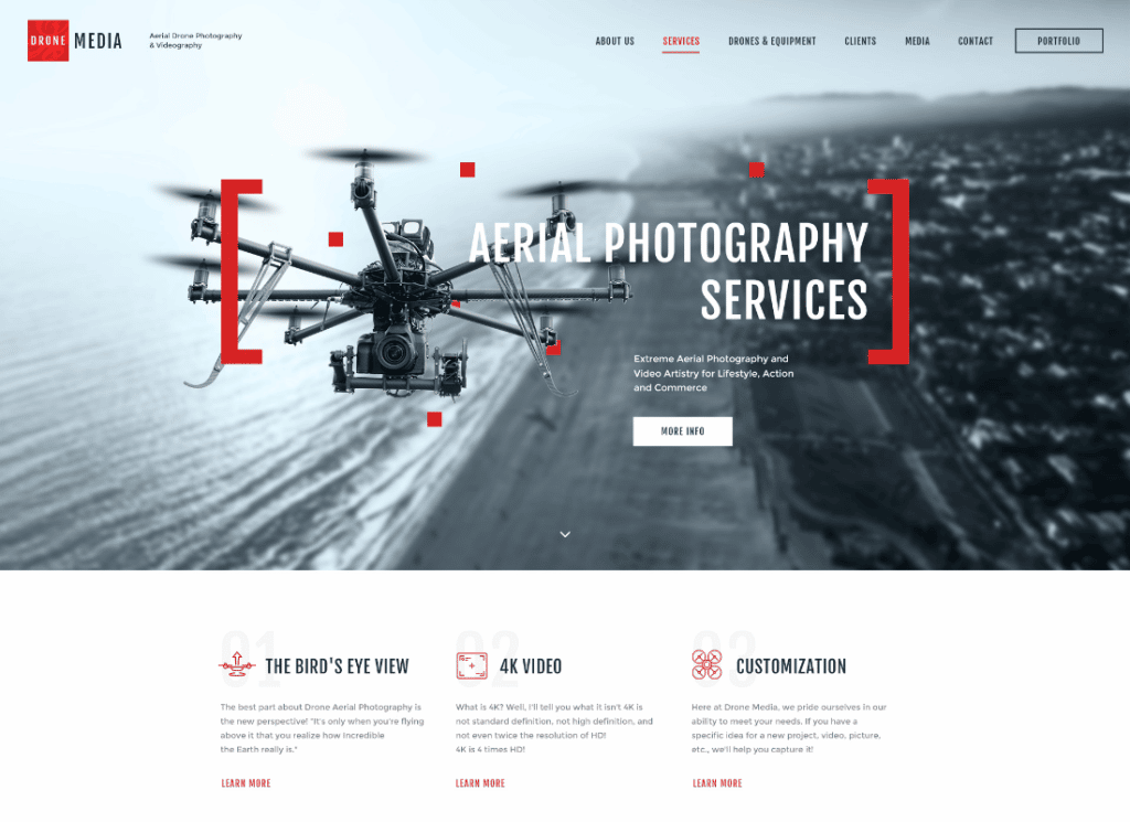 ميديا بدون طيار | التصوير الجوي والتصوير بالفيديو WordPress Theme + Elementor