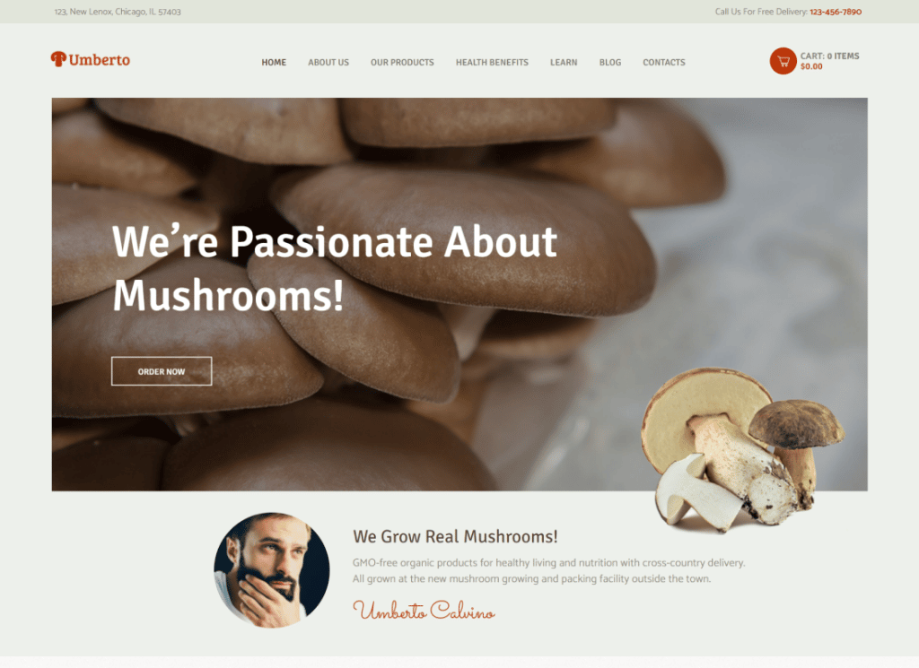 Umberto - Farma de ciuperci și magazin de produse ecologice Tema WordPress