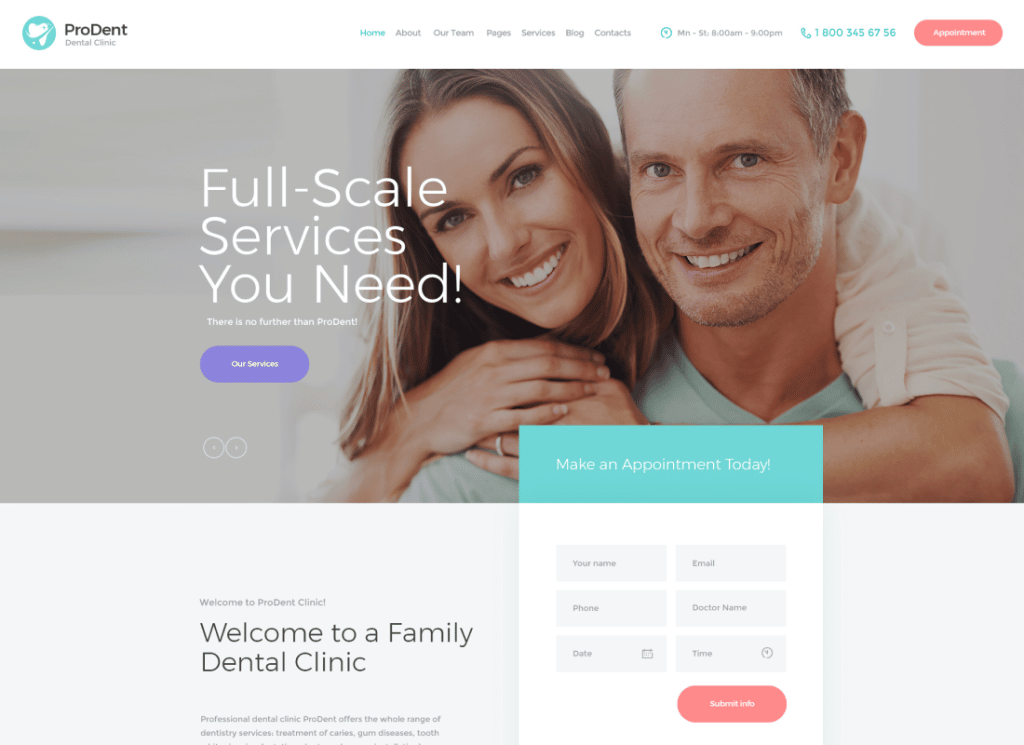 ProDent - سمة WordPress لعيادة الأسنان والرعاية الصحية