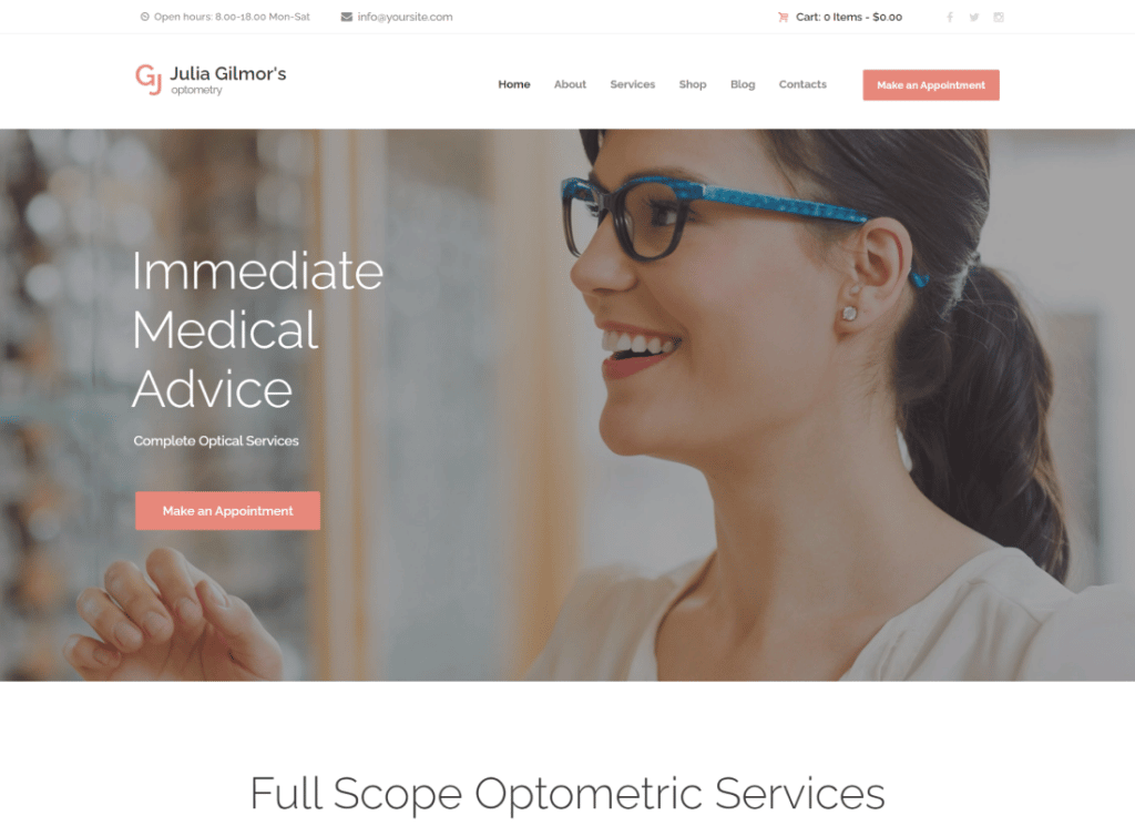 البصريات والبصريات ومتجر البصريات موضوع WordPress الطبية