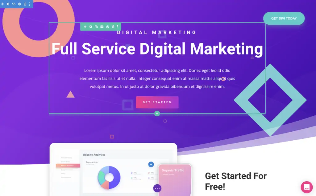 Divi 웹 사이트 빌더 내부 모습