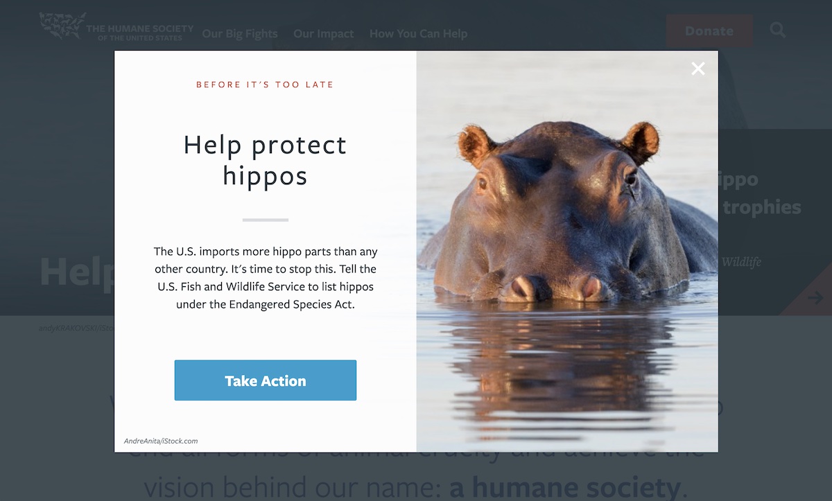 ป๊อปอัปที่แสดงบนเว็บไซต์ Humane Society US