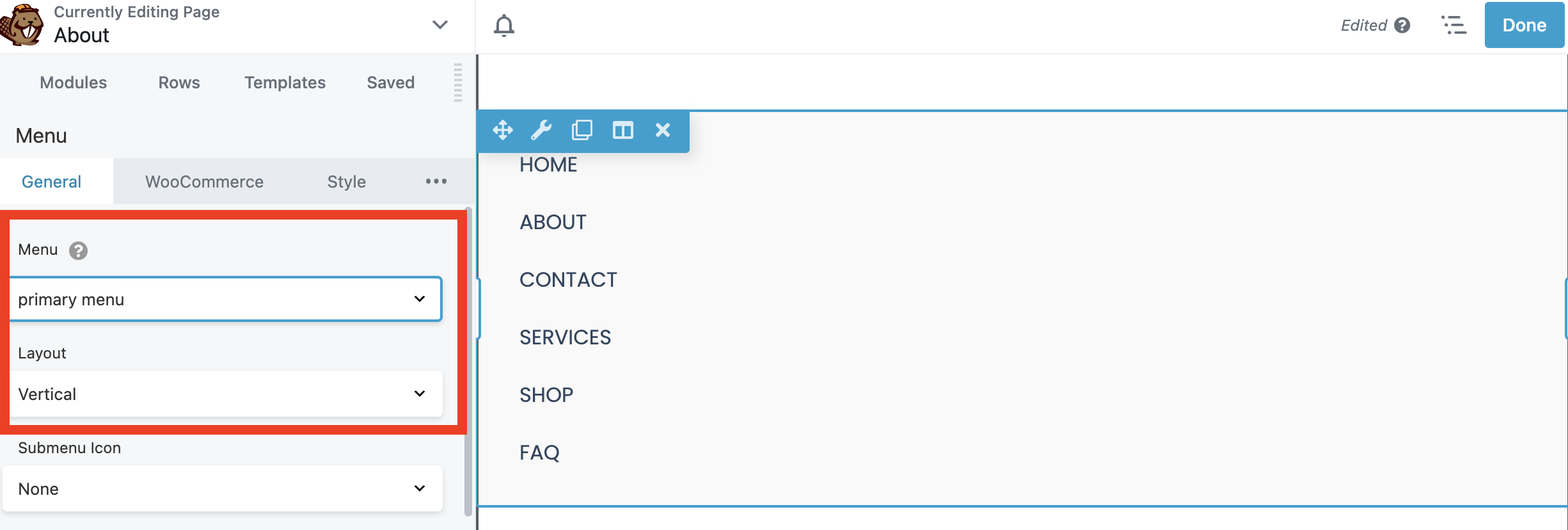 Scheda generale del modulo menu Beaver Builder