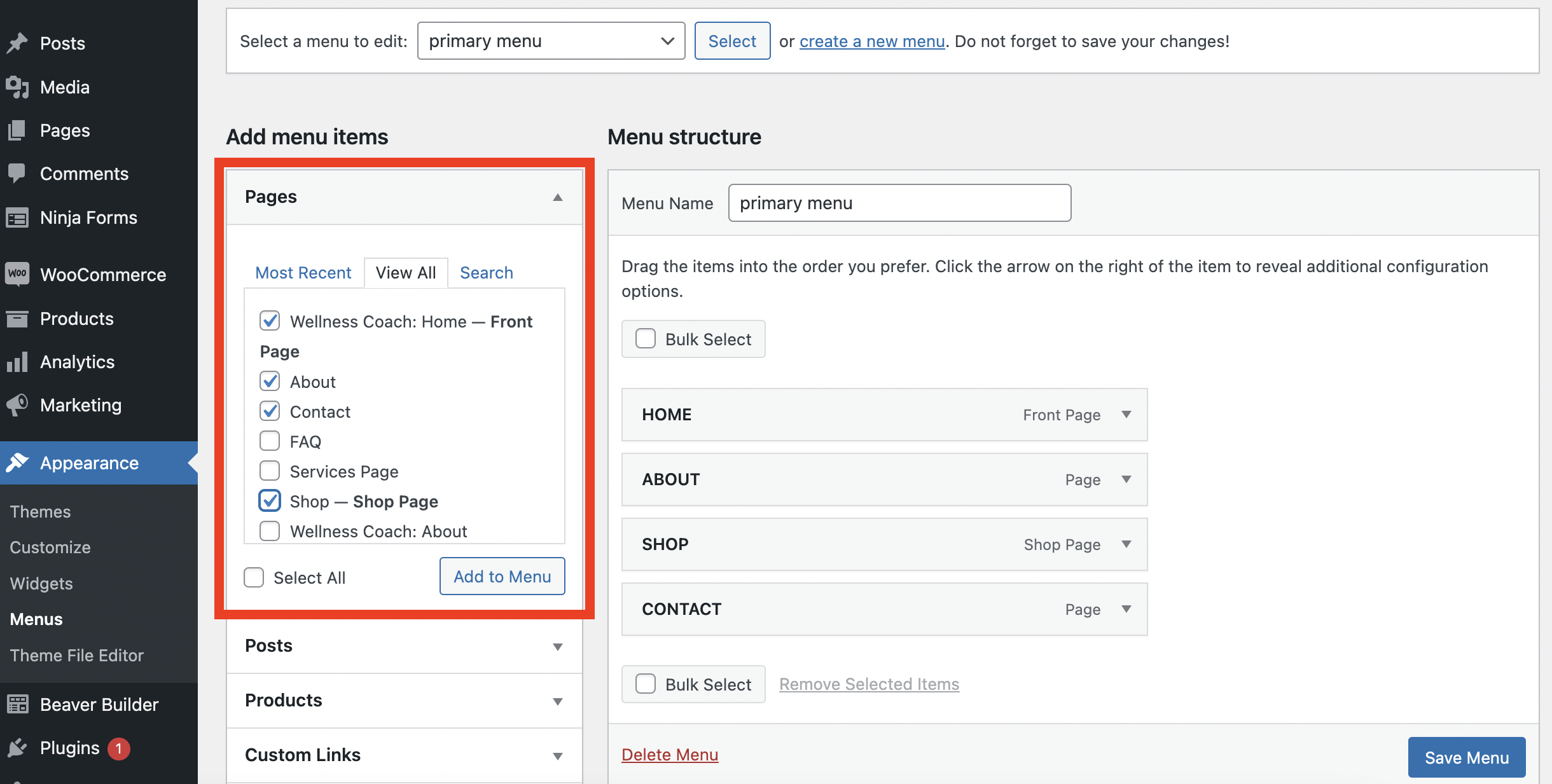 Il menu dell'aspetto di Beaver Builder aggiunge nuove voci di menu