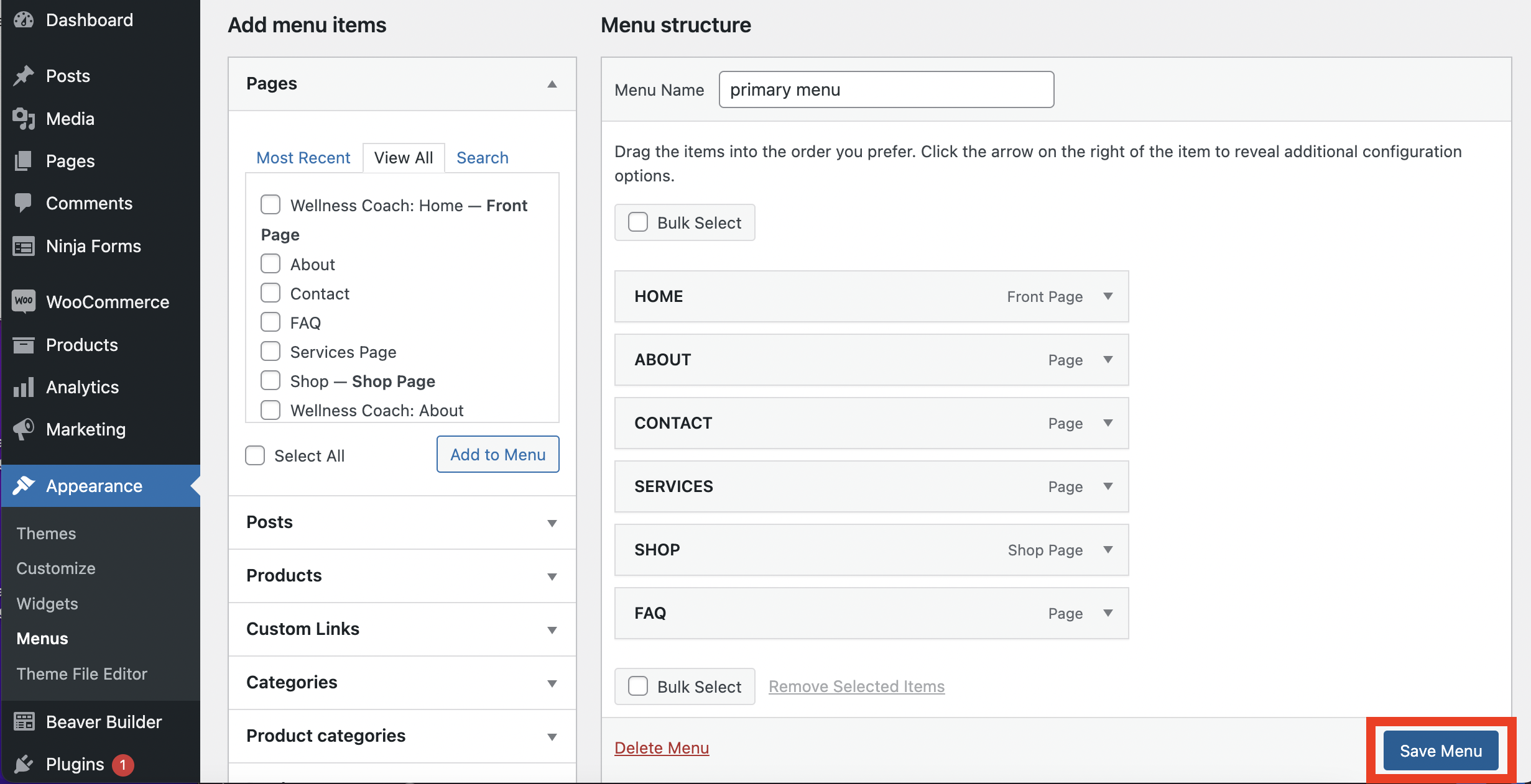 Menu aspetto Beaver Builder > menu salva