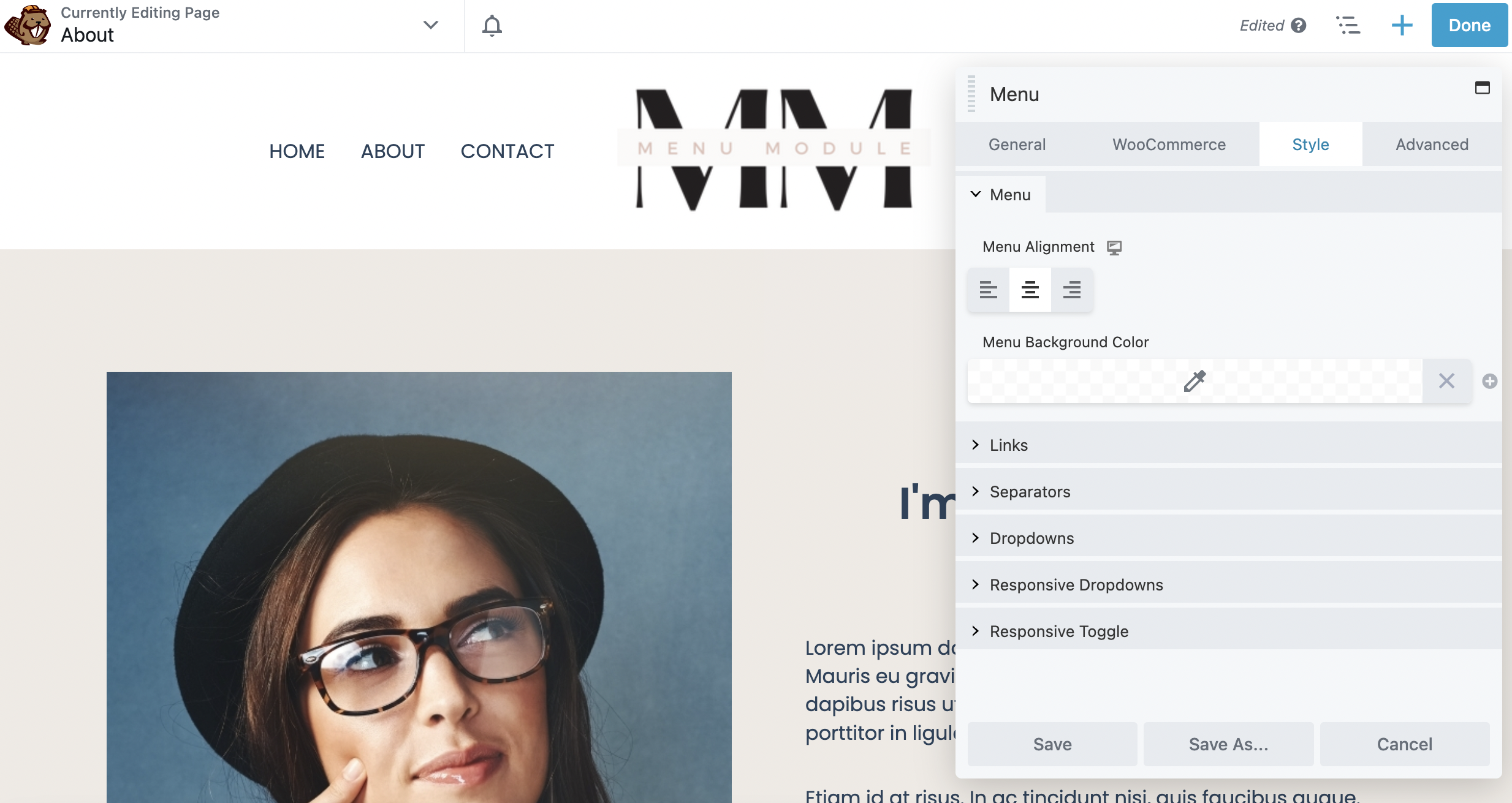 Scheda stile modulo menu Beaver Builder