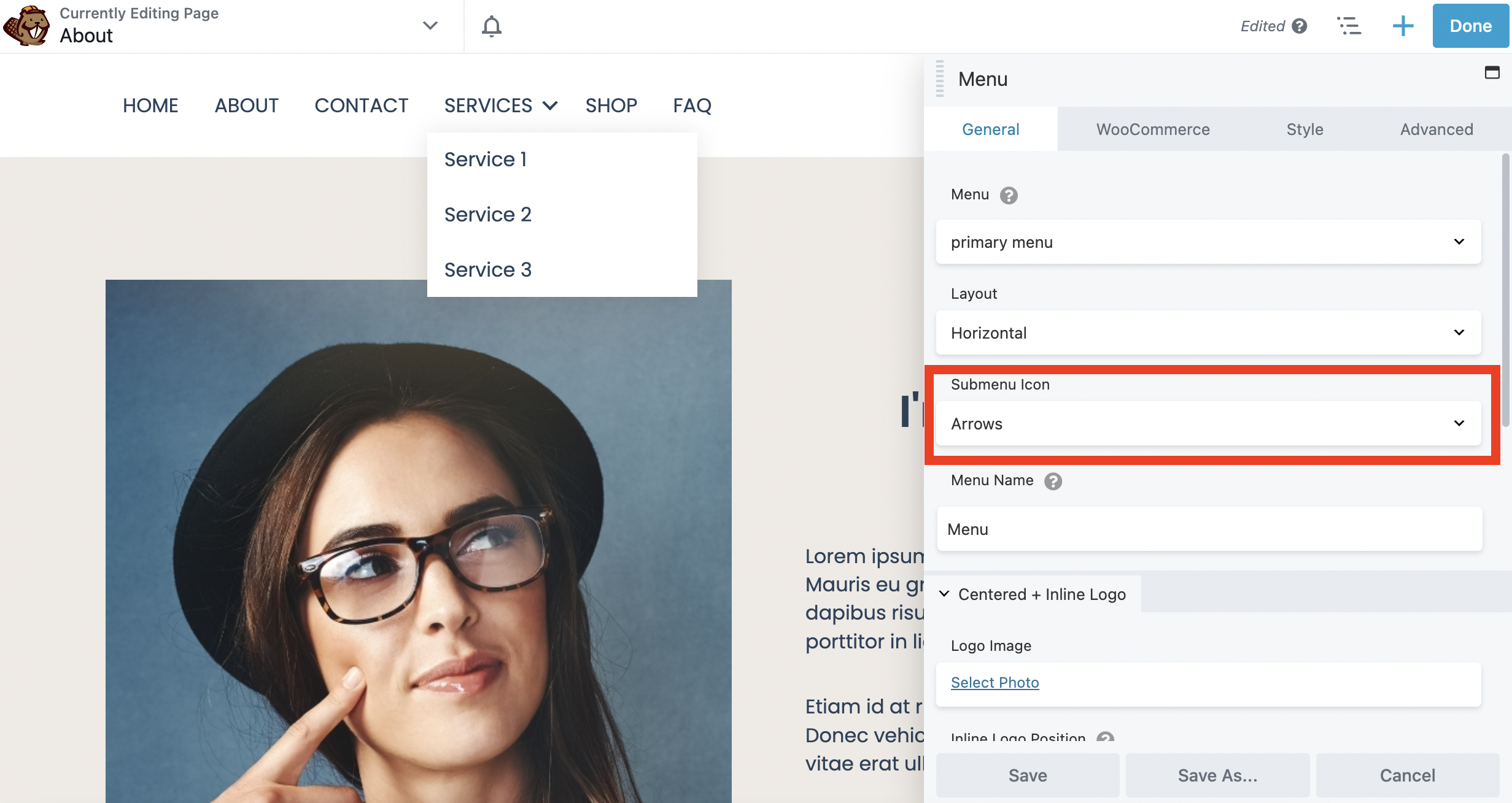 Icona del sottomenu del modulo menu Beaver Builder