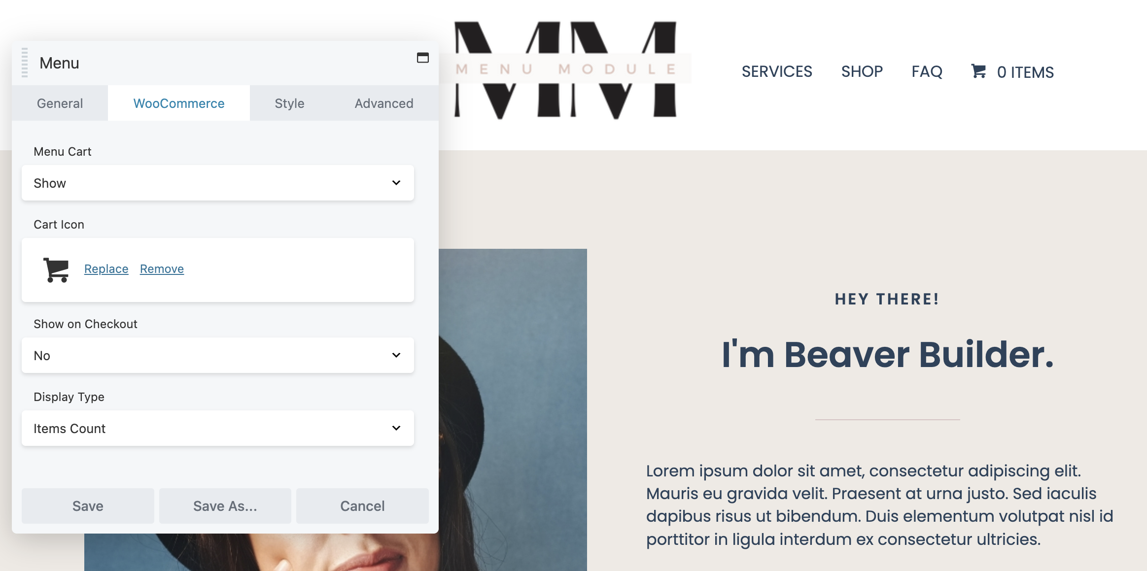 Modulo menu Beaver Builder scheda WooCommerce