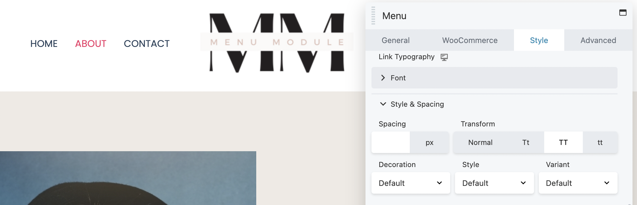 Carattere di trasformazione della scheda stile modulo menu Beaver Builder