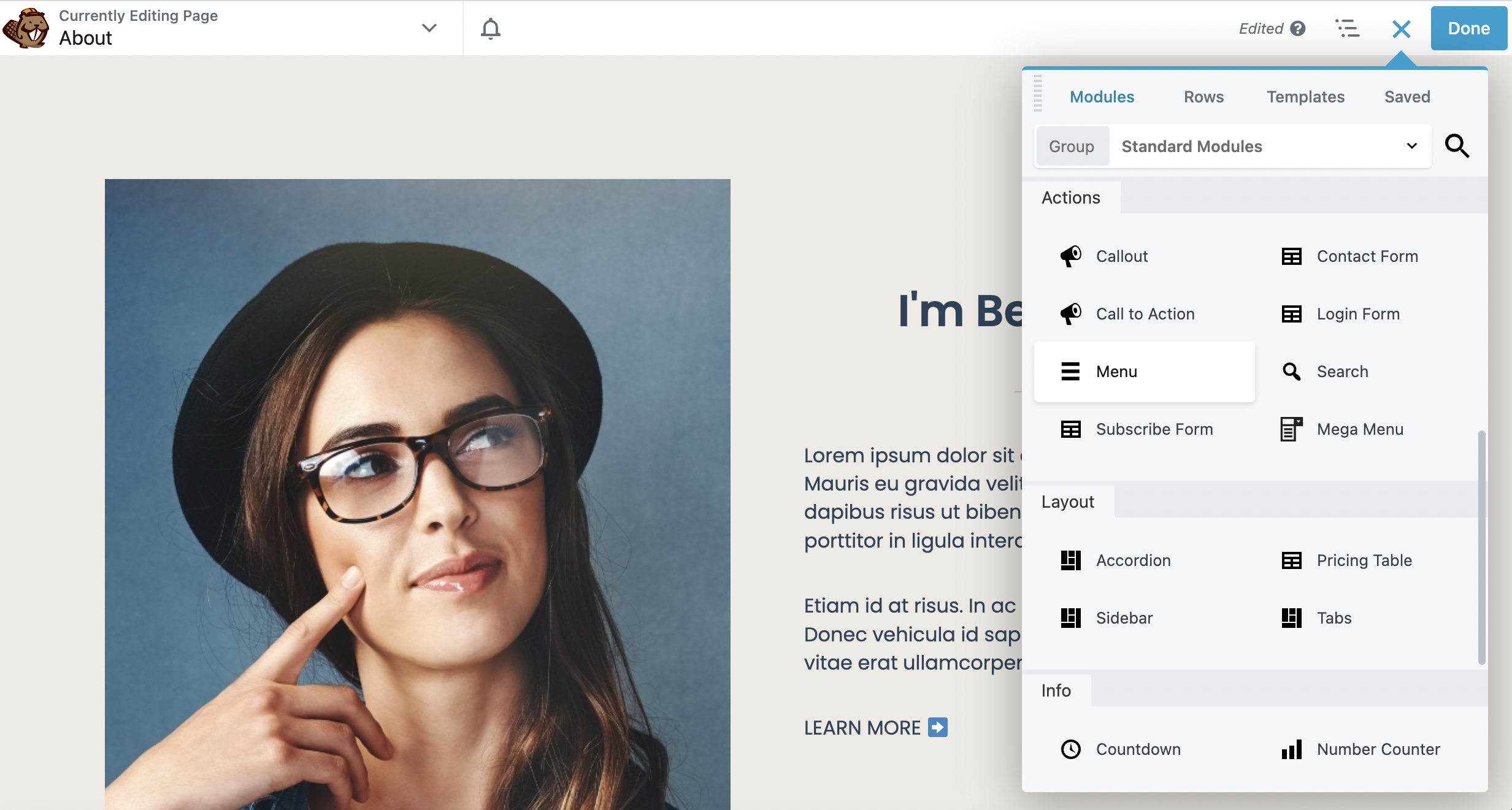 Il modulo Menu nell'editor Beaver Builder.