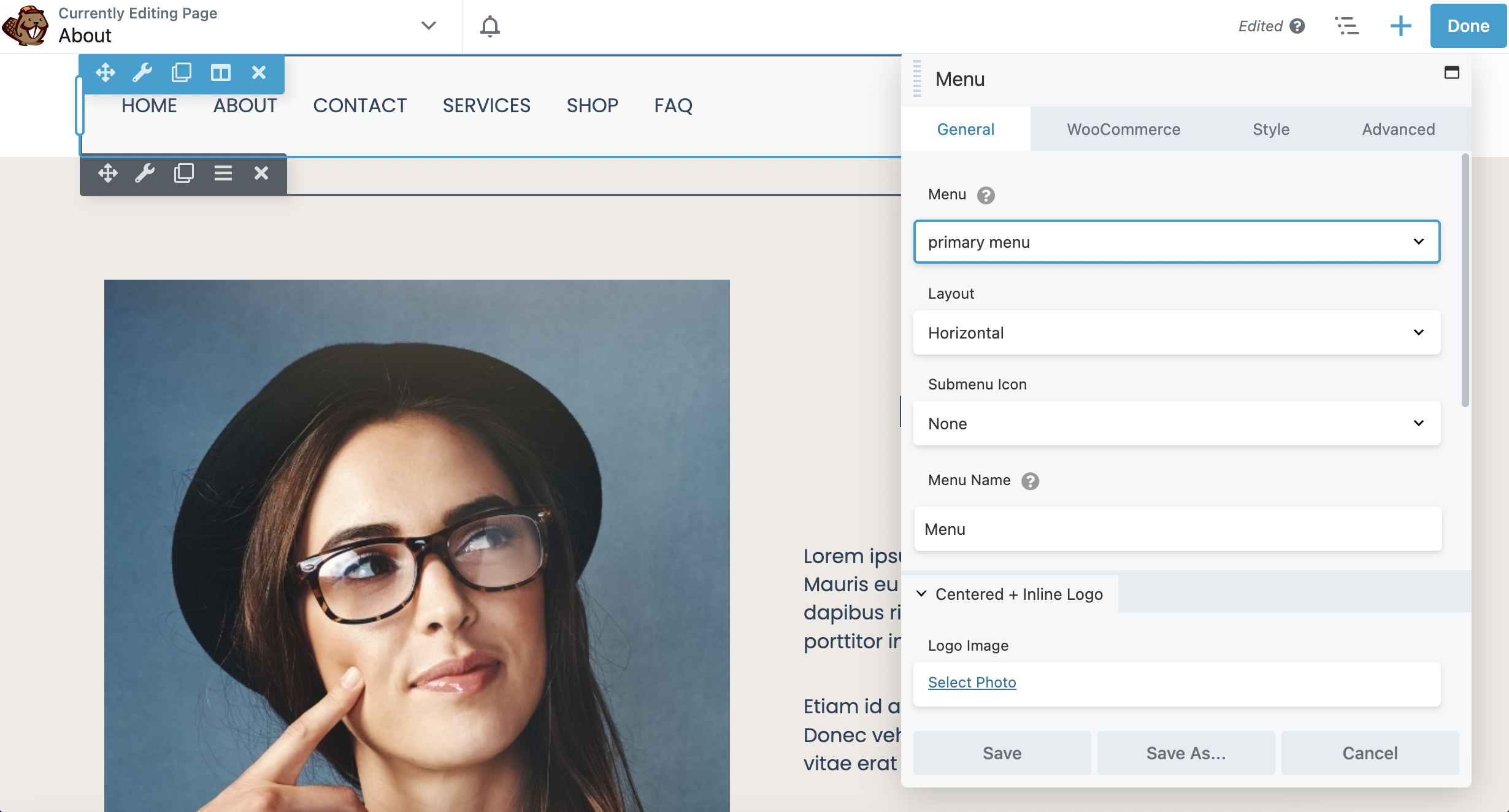 Il modulo Menu nell'editor Beaver Builder.