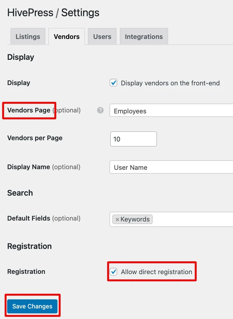 Impostazione di una pagina del fornitore per un sito Web.