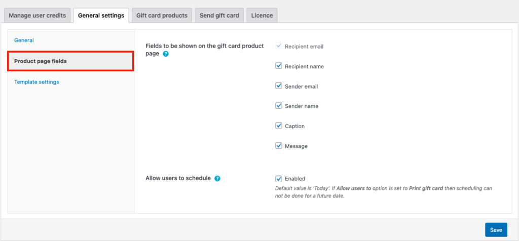 WooCommerce ギフトカード商品ページのフィールド