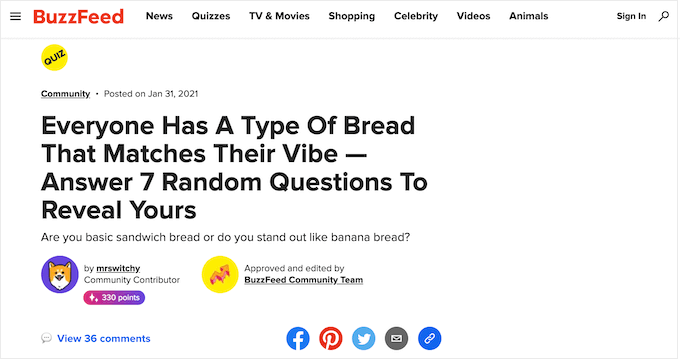 Un exemple de quiz Buzzfeed