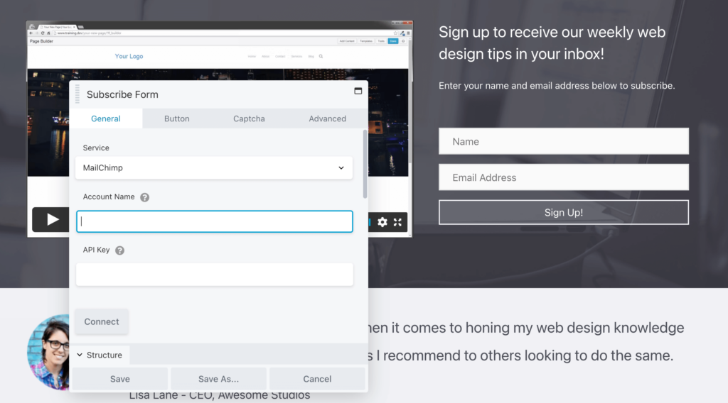 Beaver Builder สมัครโมดูลแบบฟอร์มการรวม Mailchimp