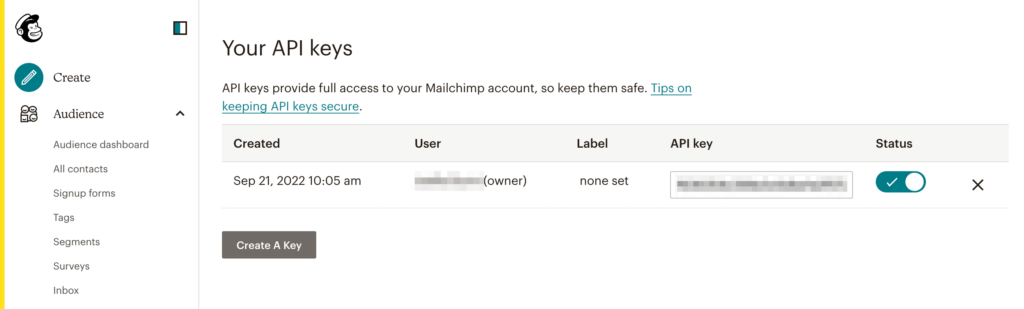 คีย์ Mailchimp API