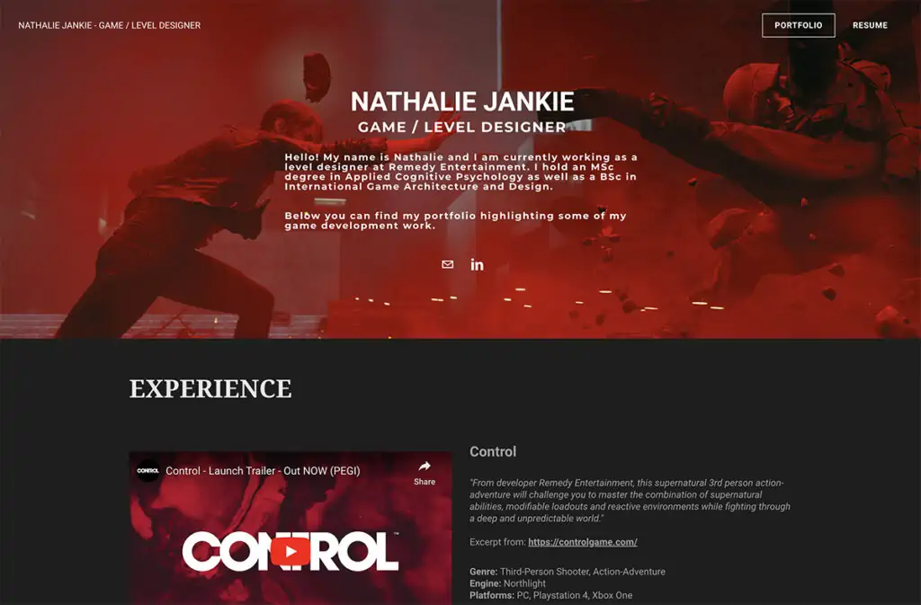 Natalie Jankie adalah desainer game tingkat profesional, yang senang menangani berbagai tantangan dan telah mengembangkan keterampilannya dalam berbagai aspek pengembangan game, di antaranya adalah game, level, narasi, UI, dan desain sistem.