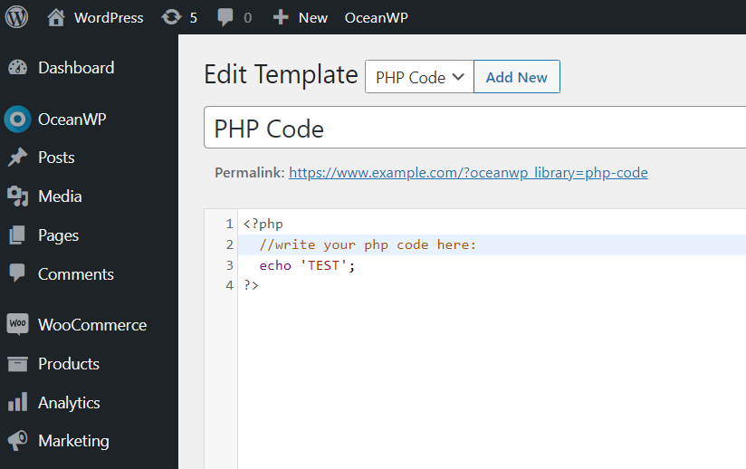 un esempio della nuova funzionalità Ocean Hooks per aggiungere codici PHP personalizzati