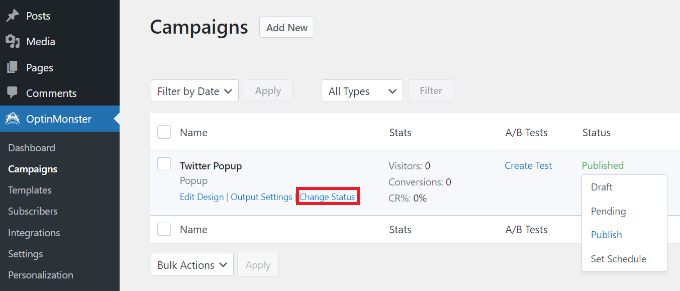 Alterar o status da campanha para publicado