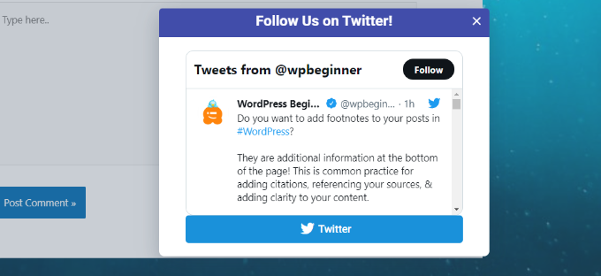 Pré-visualização do pop-up da página do Twitter