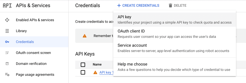 Создать ключ API