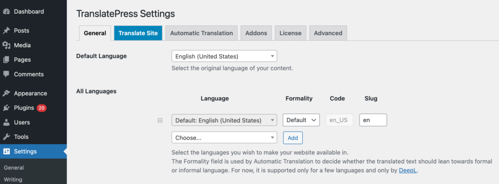 TranslatePress языки