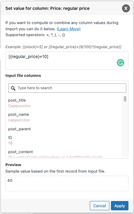 Pop-up di espressione per l'aggiornamento dei valori del prodotto in WooCommerce