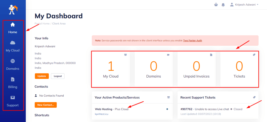 Interface de usuário do namehero