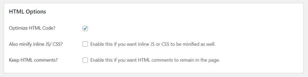HTML-Optionen - Minimieren Sie WordPress-Dateien