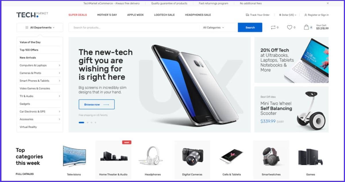 Screenshot del sito Web per il tema WordPress affiliato Techmarket.