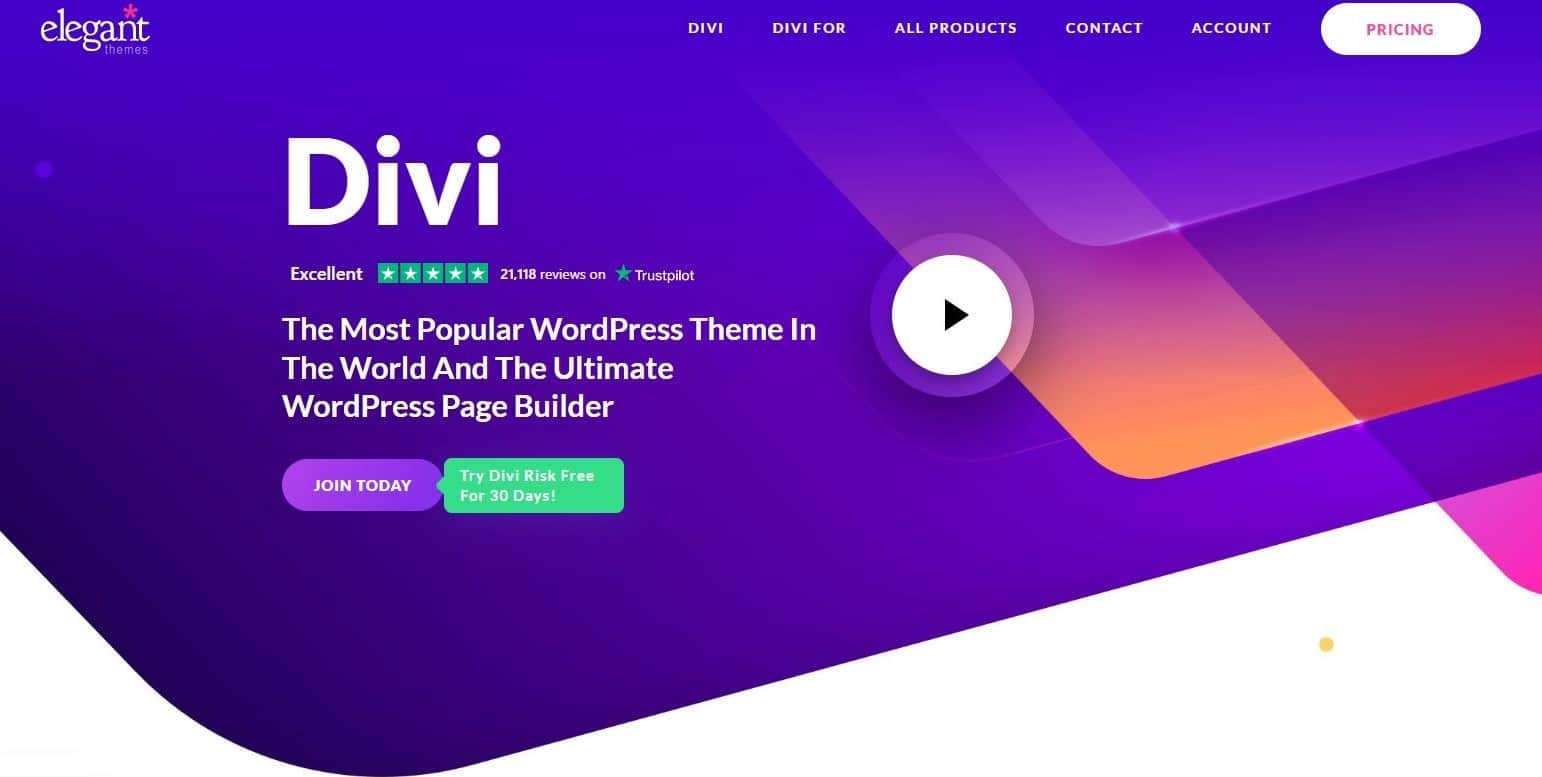 Screenshot del sito web per Divi, un tema WordPress utile per gli affiliati.