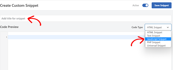 Seleccione JavaScript como tipo de código