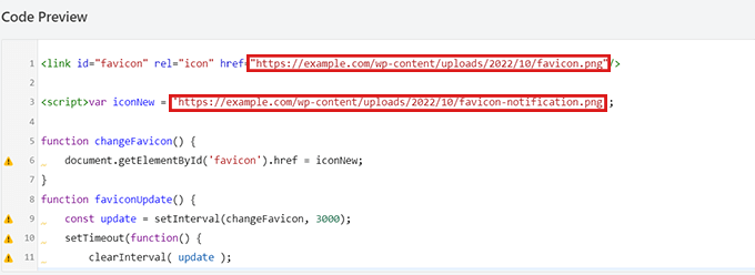 Pegue el código HTML y elimine los enlaces de imagen de favicon de ejemplo