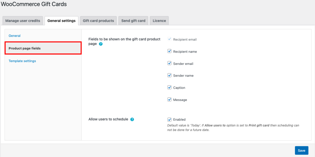 Felder auf der Produktseite für Geschenkkarten