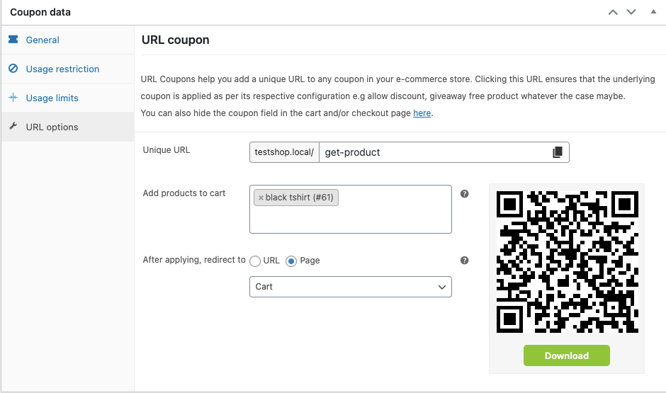 menghasilkan URL dan kode QR untuk kupon
