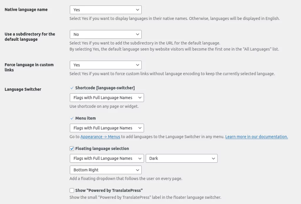 Страница общих настроек TranslatePress