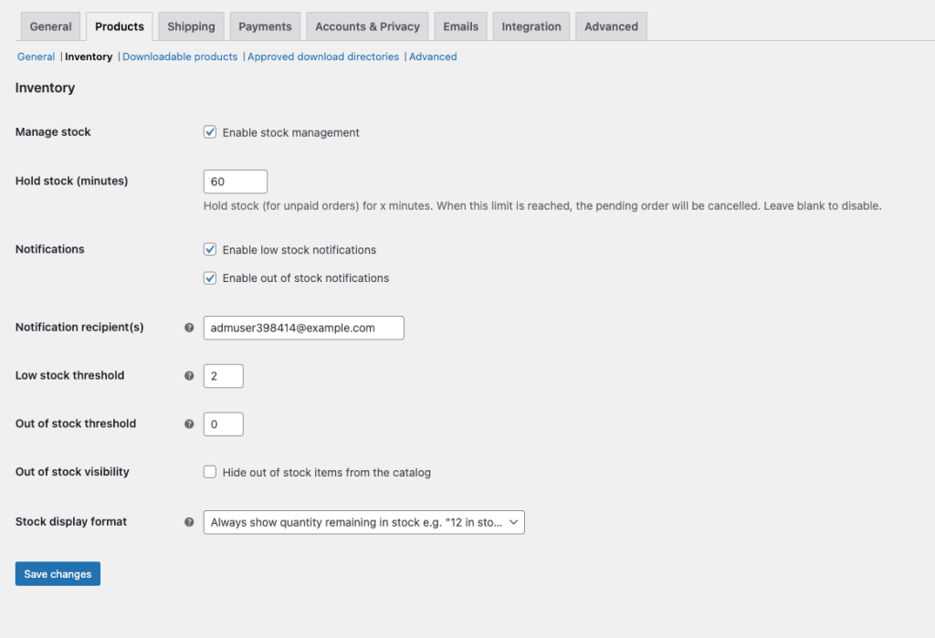 Настройки WordPress WooCommerce на вкладке продуктов в инвентаре