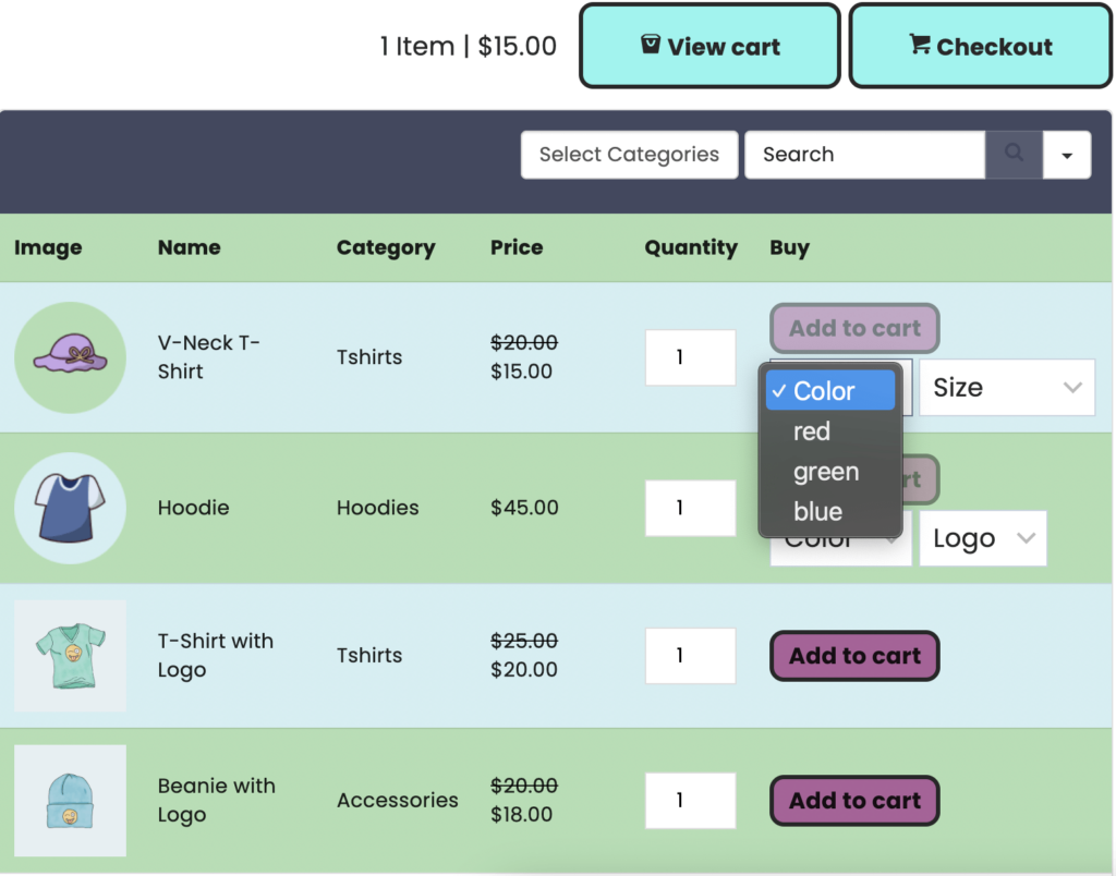 Warna tabel WooCommerce
