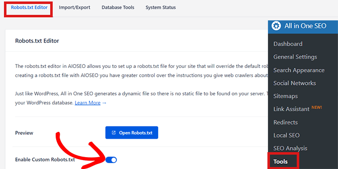 Basculez le bouton Activer le fichier Robots.txt personnalisé