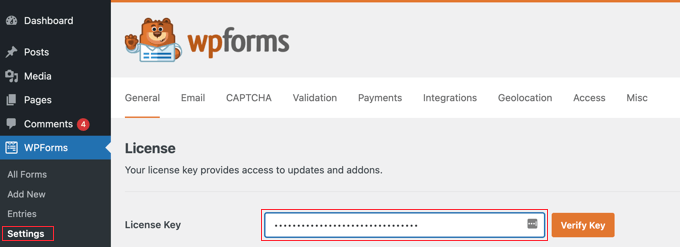Visita la pagina delle impostazioni di WPForms per inserire la tua chiave di licenza