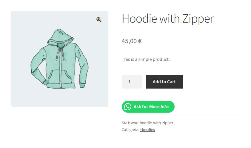Página de producto de WooCommerce con un botón de WhatsApp para contacto